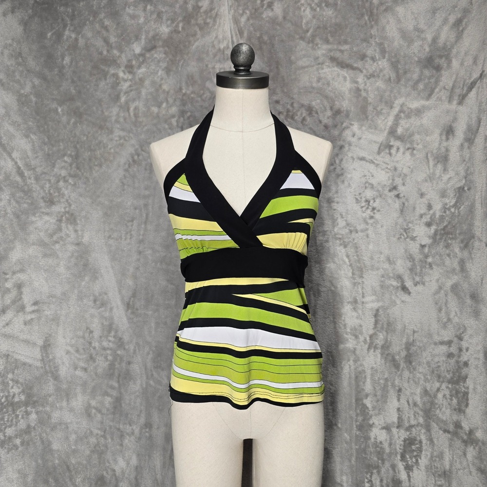 Vtg Y2K Forever 21 Babydoll Halter Top Striped Green‎ Yellow Women Sz L Stretchy